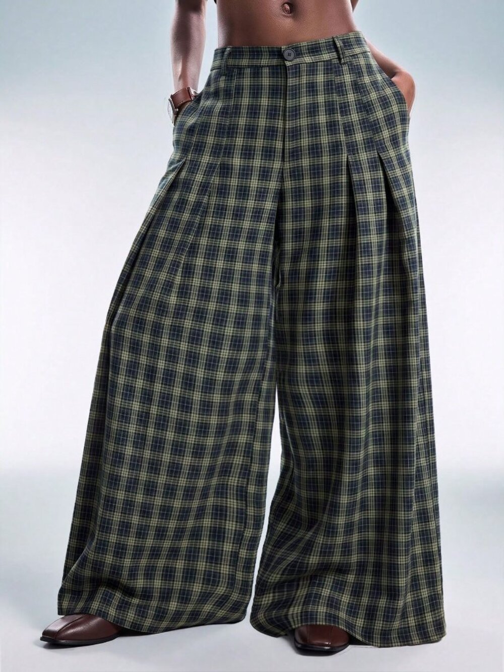 Green Casual Women's Plaid Regular Fit Loose Wide Leg Long Pants